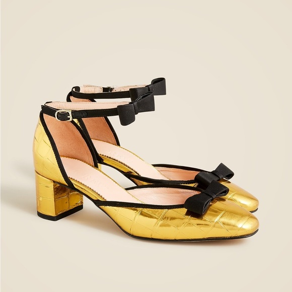 J. Crew Shoes - J.Crew Millie Bow Ankle-Strap Heels in gold metallic croc-embossed leather.